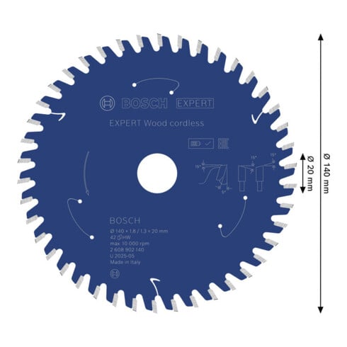 Bosch EXPERT Lama per sega circolare legno, 140x1,8x20 mm, Z42 con anello riduttore