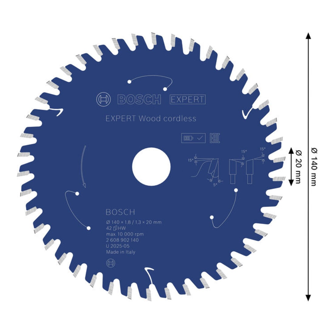 Bosch EXPERT Lama per sega circolare legno, 140x1,8x20 mm, Z42 con anello riduttore