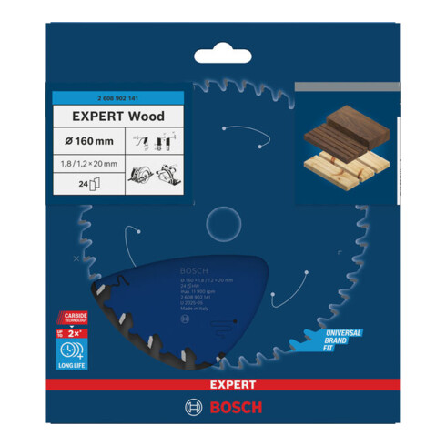 Bosch EXPERT Lama per sega circolare legno, 160x1,8x20 mm, Z24