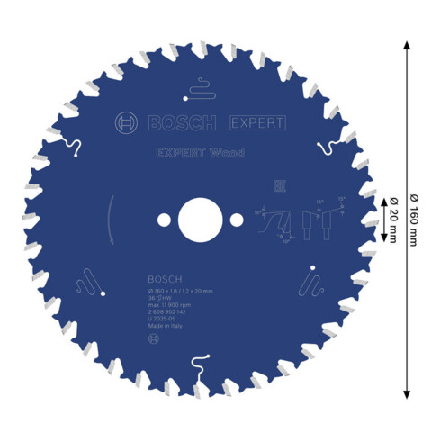 Bosch EXPERT Lama per sega circolare legno, 160x1,8x20 mm, Z36