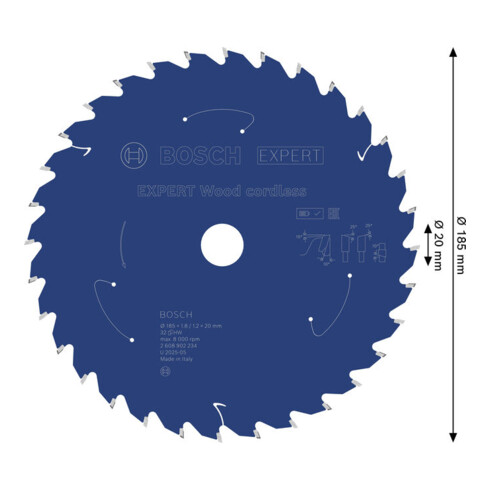 Bosch EXPERT Lama per sega circolare legno, 185x1,8x20 mm, Z32
