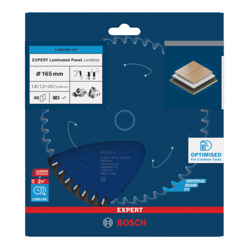 Bosch EXPERT Lama per sega circolare pannelli laminati, 165x1,8x20 mm, Z48, angolo denti -5°