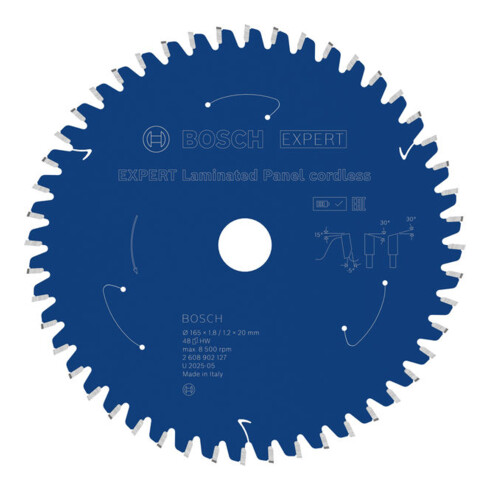 Bosch EXPERT Lama per sega circolare pannelli laminati, 165x1,8x20 mm, Z48, angolo denti -5°