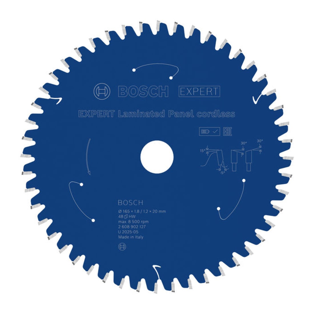 Bosch EXPERT Lama per sega circolare pannelli laminati, 165x1,8x20 mm, Z48, angolo denti -5°