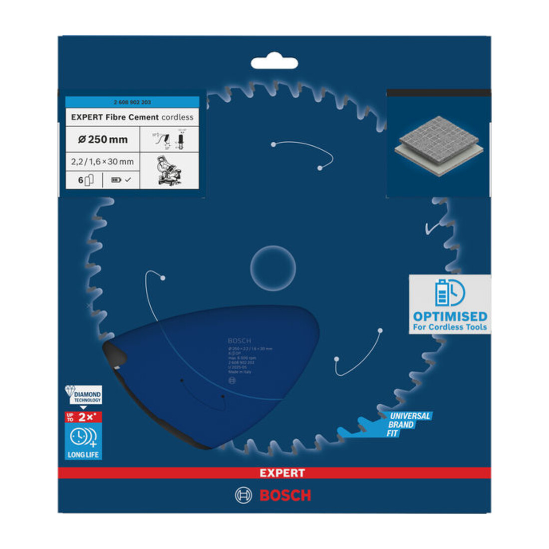 Bosch EXPERT Lama per sega circolare per cemento fibrocemento, 250x2,2x30 mm, Z6