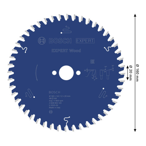 Bosch EXPERT Lama per sega circolare per legno, 160x1,8x20 mm, Z48