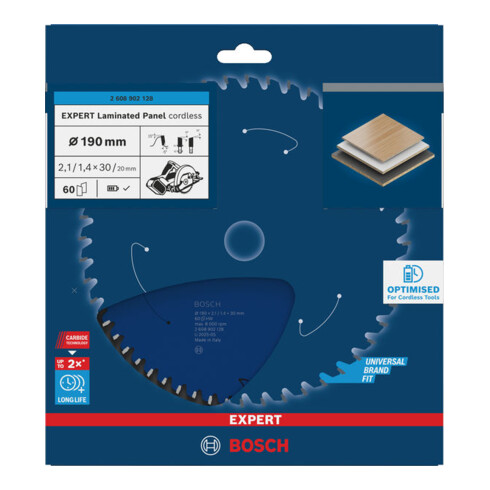 Bosch EXPERT Lama per sega circolare per pannelli laminati, 190x2,1x30 mm, Z60