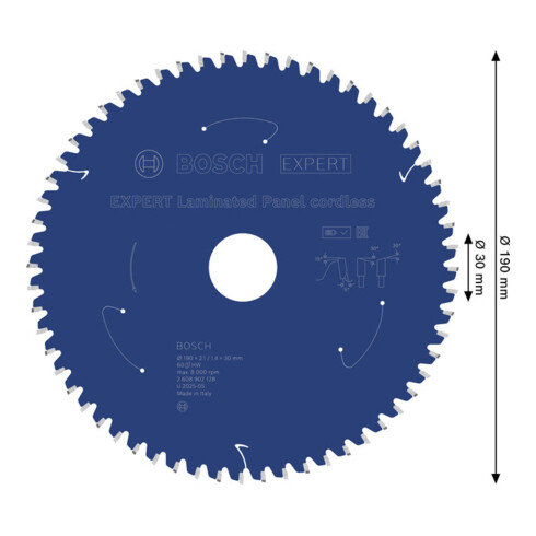 Bosch EXPERT Lama per sega circolare per pannelli laminati, 190x2,1x30 mm, Z60