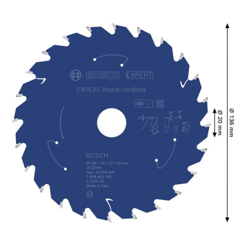 Bosch EXPERT Lame de scie circulaire bois, 136x20 mm, Z24