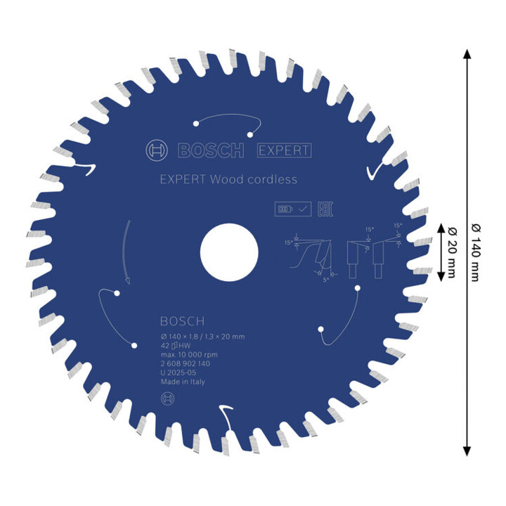 Bosch EXPERT Lame de scie circulaire bois, 140x1,8x20 mm, Z42 avec bague de réduction