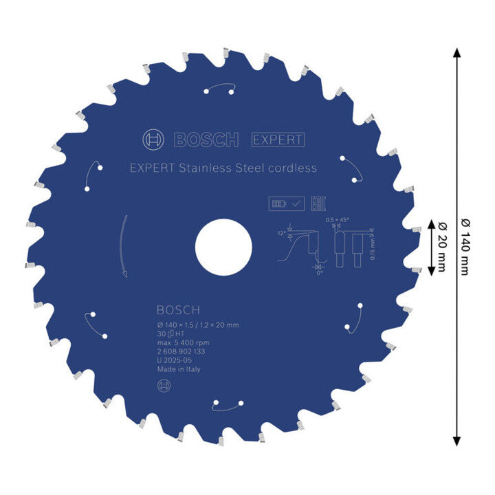 Bosch EXPERT Lame de scie circulaire en acier inoxydable, 140x20 mm, Z30