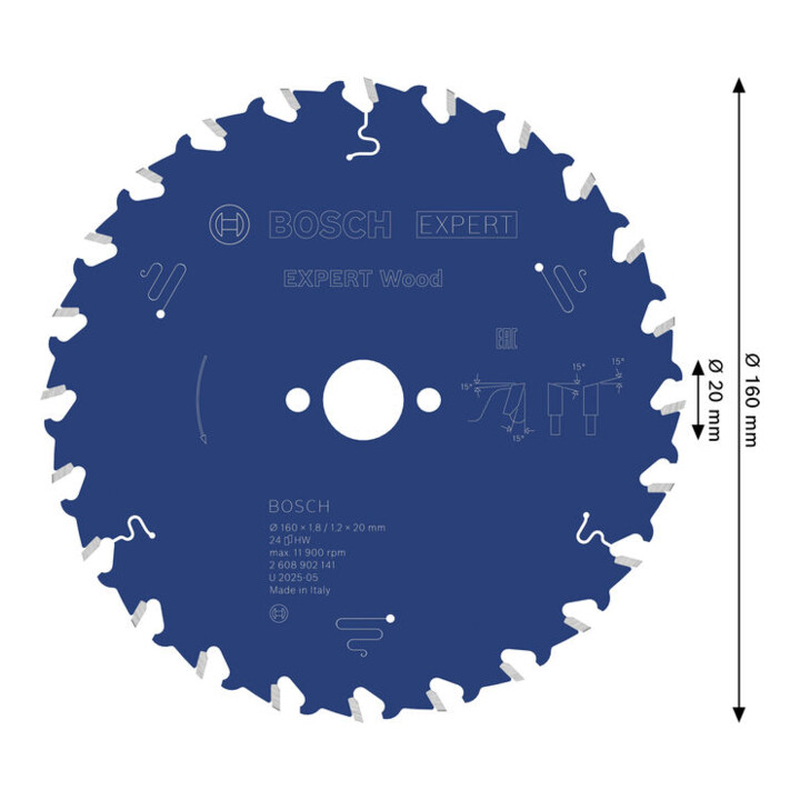 Bosch EXPERT Lame de scie circulaire pour bois, 160x1,8x20 mm, Z24