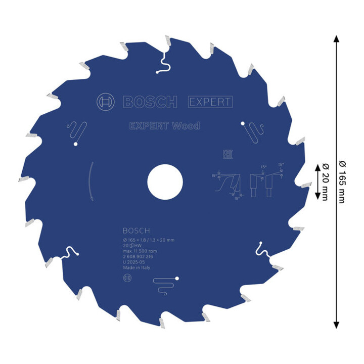 Bosch EXPERT Lame de scie circulaire pour bois, 165x20 mm, Z20