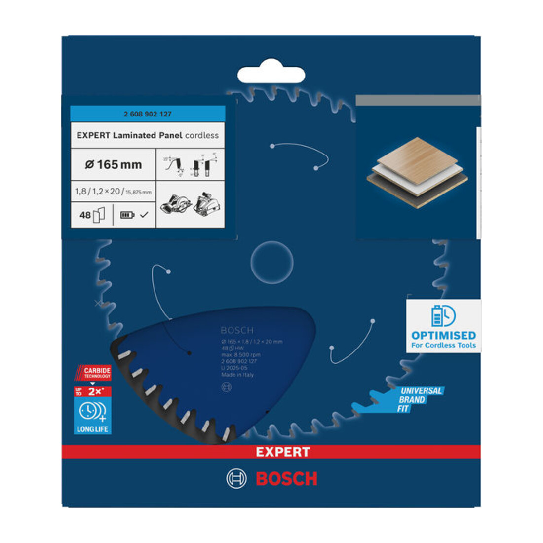 Bosch EXPERT Lame de scie circulaire pour panneau stratifié, 165x1,8x20 mm, Z48, angle de dent -5°
