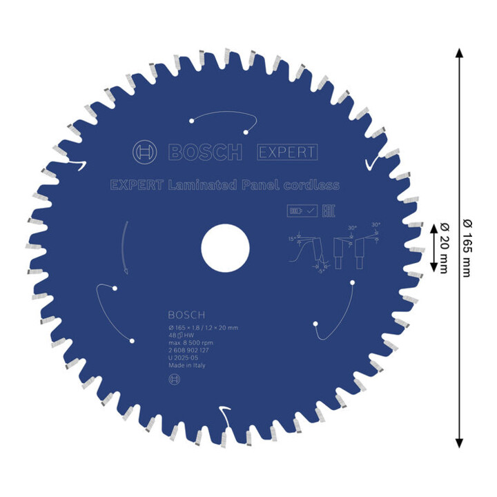 Bosch EXPERT Lame de scie circulaire pour panneau stratifié, 165x1,8x20 mm, Z48, angle de dent -5°
