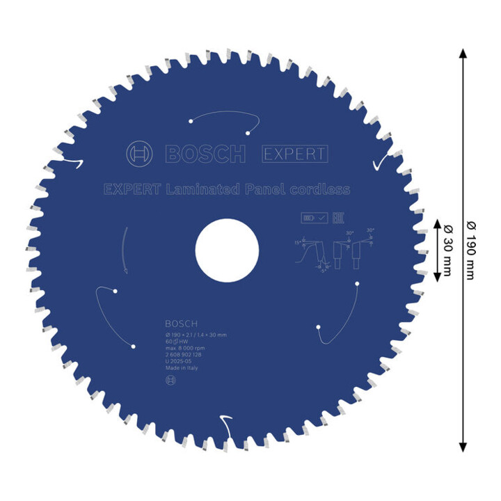 Bosch EXPERT Lame de scie circulaire pour panneau stratifié, 190x2,1x30 mm, Z60