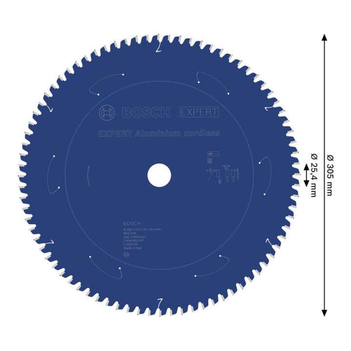 Bosch EXPERT Lame de scie circulaire sans fil en aluminium, 305 x 2,4/1,8 x 25,4 mm, Z80