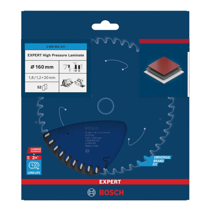 Bosch EXPERT Lame de scie circulaire stratifié haute pression, 160x20 mm, Z52