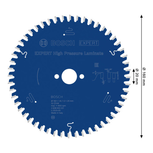 Bosch EXPERT Lame de scie circulaire stratifié haute pression, 160x20 mm, Z52