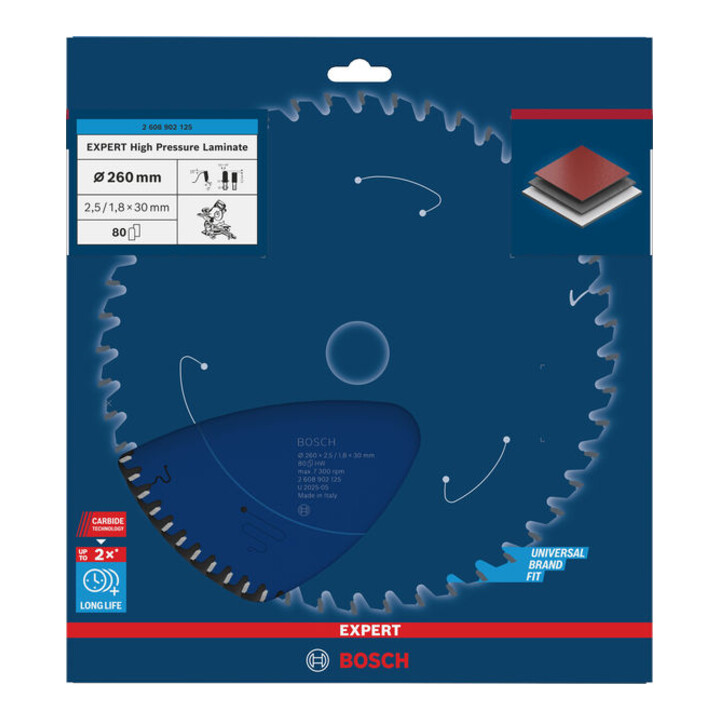 Bosch EXPERT Lame de scie circulaire stratifié haute pression, 260x30 mm, Z80