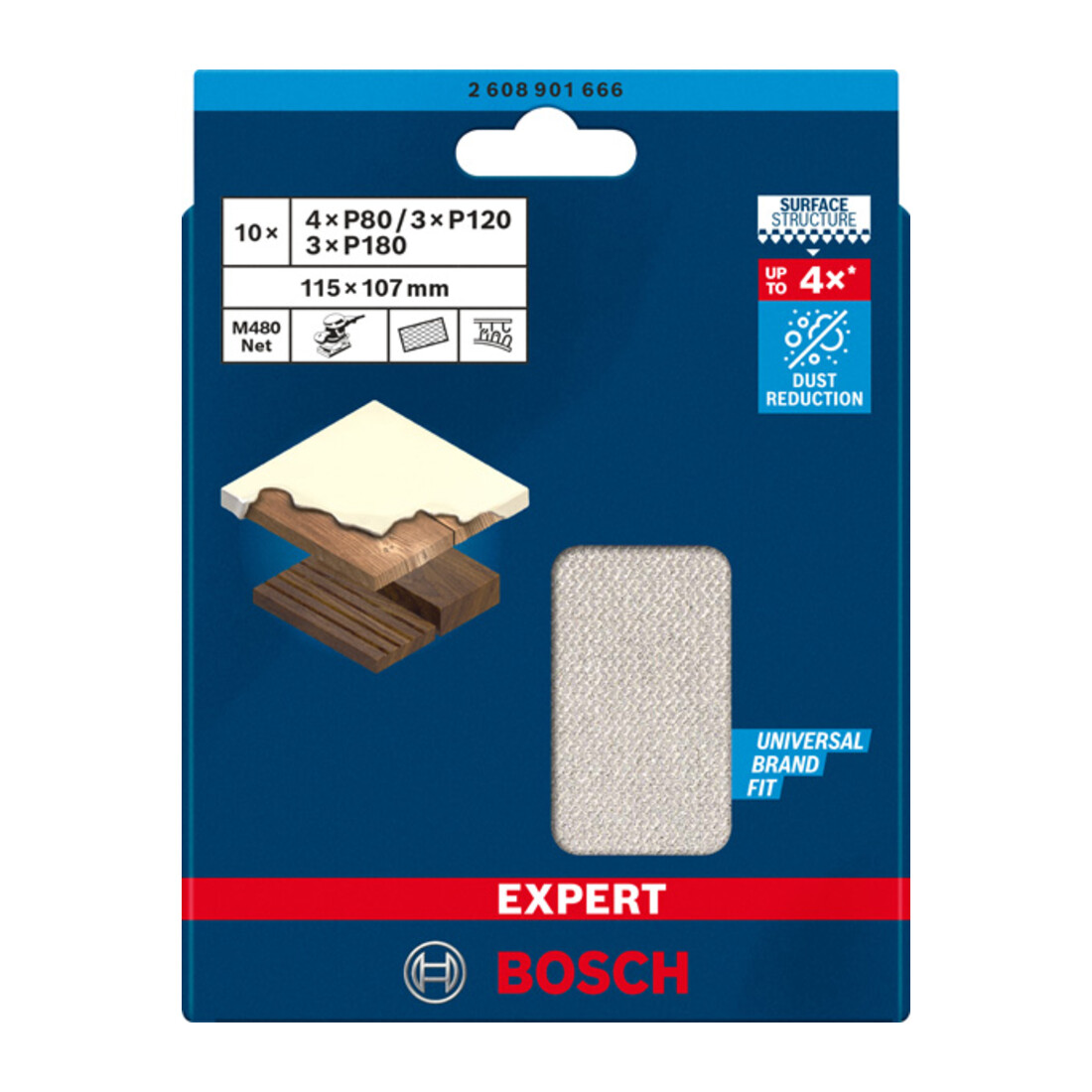 Bosch EXPERT M480 Jeu de filets abrasifs, 115 x 107 mm, G 80/120/180