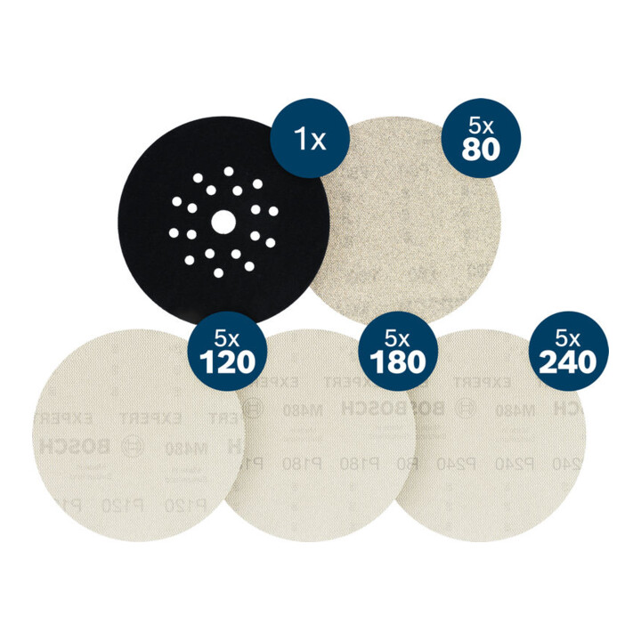 Bosch EXPERT M480 Set de toiles abrasives, 225 mm, K80|120|180|240, protège-plateau, 21 pcs