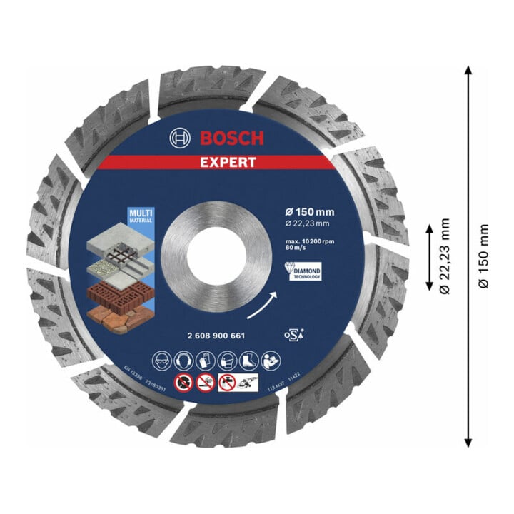 Bosch EXPERT MultiMaterial Diamanttrennscheiben 150 x 22,23 x 2,4 x 12mm für große Winkelschleifer mit Spannmutter