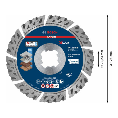 Bosch EXPERT MultiMaterial X-LOCK diamantdoorslijpschijven 125 x 22,23 x 2,4 x 12mm voor haakse slijpmachines met X-LOCK en met klemmoer