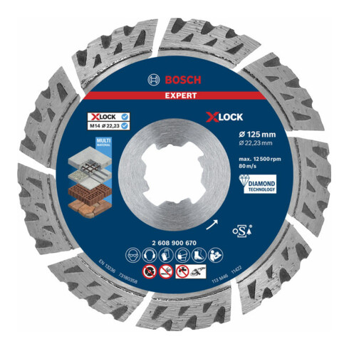 Bosch EXPERT MultiMaterial X-LOCK Diamanttrennscheiben 125 x 22,23 x 2,4 x 12mm für Winkelschleifer mit X-LOCK und mit Spannmutter