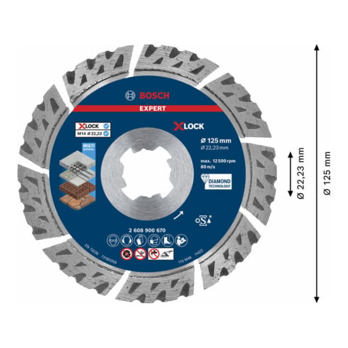 Bosch EXPERT MultiMaterial X-LOCK Diamanttrennscheiben 125 x 22,23 x 2,4 x 12mm für Winkelschleifer mit X-LOCK und mit Spannmutter
