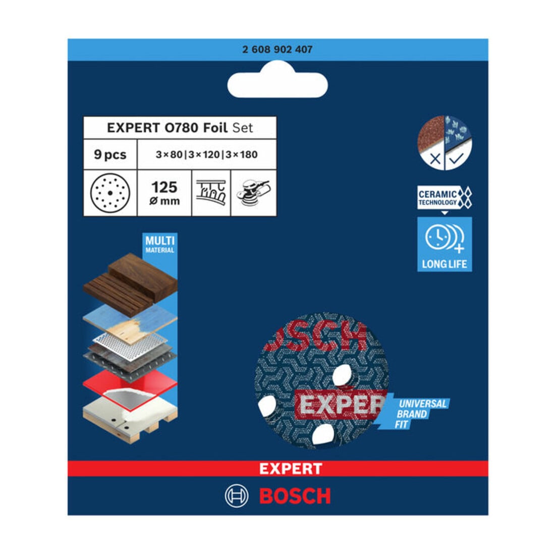 Bosch EXPERT O780 Foil Schleiffolien-Set, 125 mm, G80/G120/G180, 9-tlg.