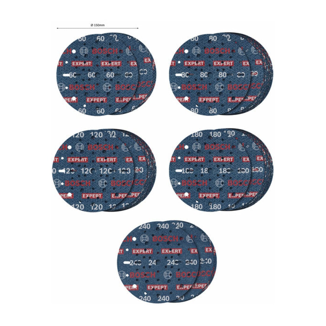 Bosch EXPERT O780 Foil Schleiffolien-Set, 150 mm, G60/G80/G120/G180/G240, 55-tlg.