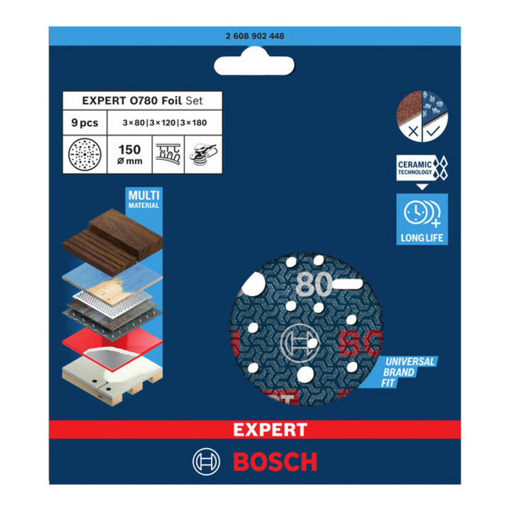 Bosch EXPERT O780 Foil Schleiffolien-Set, 150 mm, G80/G120/G180, 9-tlg.