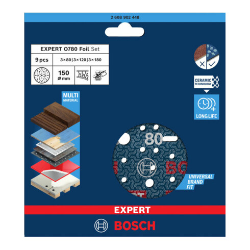 Bosch EXPERT O780 Foil Schleiffolien-Set, 150 mm, G80/G120/G180, 9-tlg.
