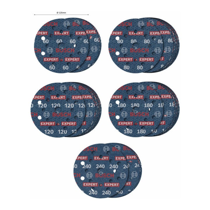Bosch EXPERT O780 Set de feuilles abrasives, 125 mm, G60/G80/G120/G180, G240, 55 pcs