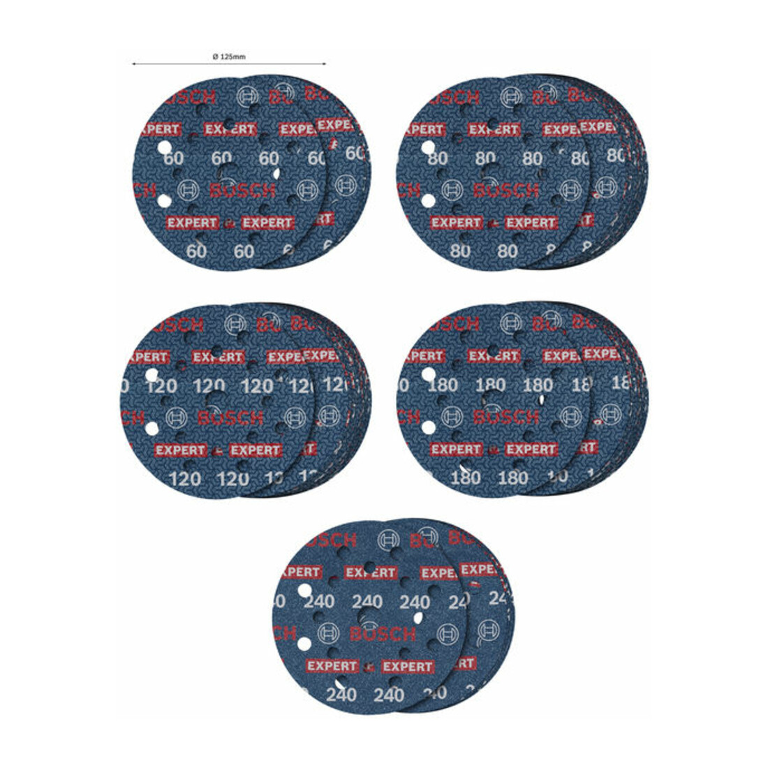 Bosch EXPERT O780 Set de feuilles abrasives, 125 mm, G60/G80/G120/G180, G240, 55 pcs