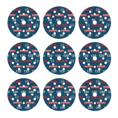 Bosch EXPERT O780 Set de feuilles abrasives, 125 mm, G80/G120/G180, 9 pcs