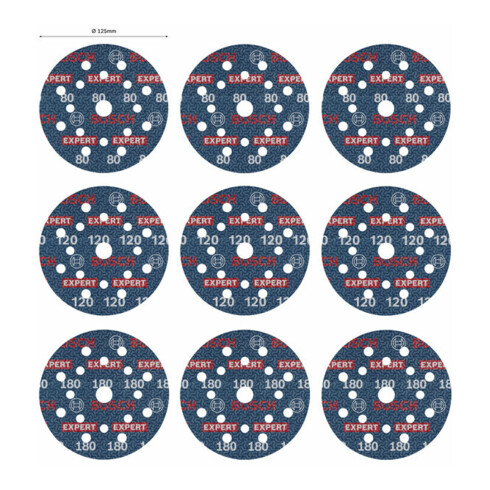 Bosch EXPERT O780 Set de feuilles abrasives, 125 mm, G80/G120/G180, 9 pcs