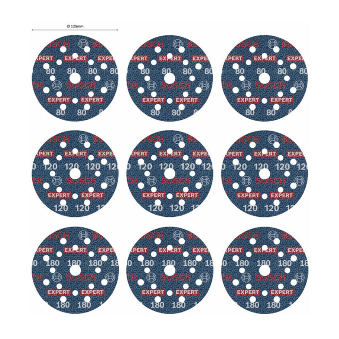 Bosch EXPERT O780 Set de feuilles abrasives, 125 mm, G80/G120/G180, 9 pcs