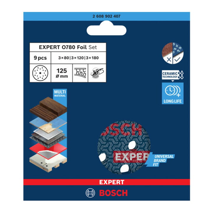 Bosch EXPERT O780 Set de feuilles abrasives, 125 mm, G80/G120/G180, 9 pcs