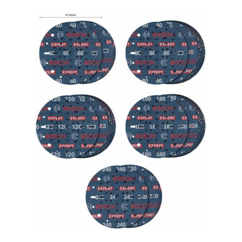 Bosch EXPERT O780 Set de feuilles abrasives, 150 mm, G60/G80/G120/G180/G240, 55 pcs
