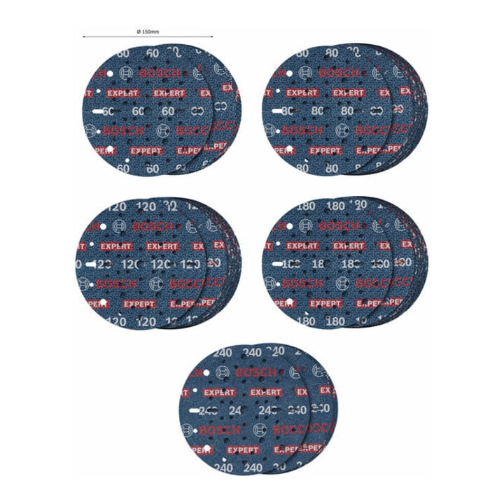 Bosch EXPERT O780 Set de feuilles abrasives, 150 mm, G60/G80/G120/G180/G240, 55 pcs