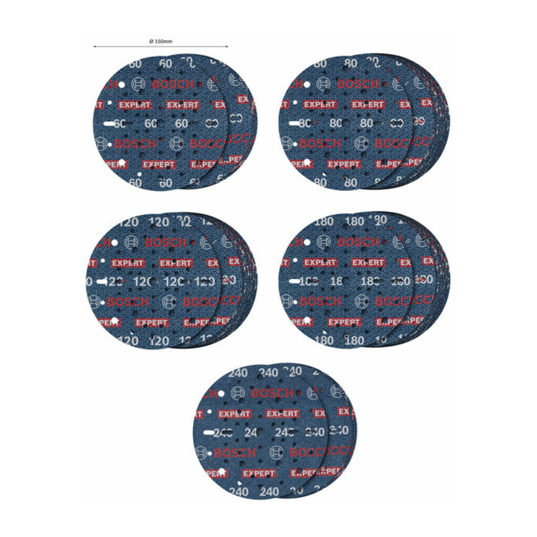 Bosch EXPERT O780 Set de feuilles abrasives, 150 mm, G60/G80/G120/G180/G240, 55 pcs