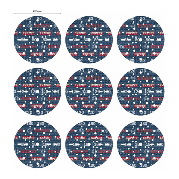 Bosch EXPERT O780 Set de feuilles abrasives, 150 mm, G80/G120/G180, 9 pcs