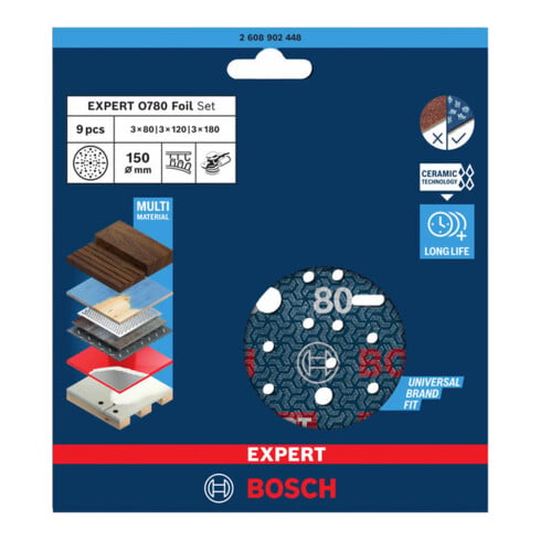 Bosch EXPERT O780 Set de feuilles abrasives, 150 mm, G80/G120/G180, 9 pcs