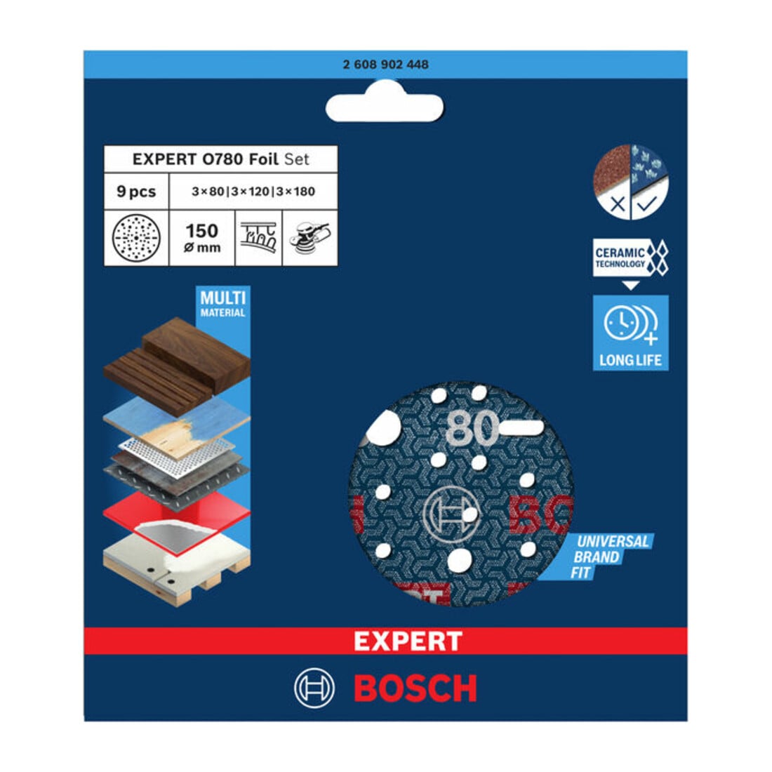 Bosch EXPERT O780 Set de feuilles abrasives, 150 mm, G80/G120/G180, 9 pcs
