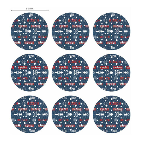 Bosch EXPERT O780 Set de feuilles abrasives, 150 mm, G80/G120/G180, 9 pcs