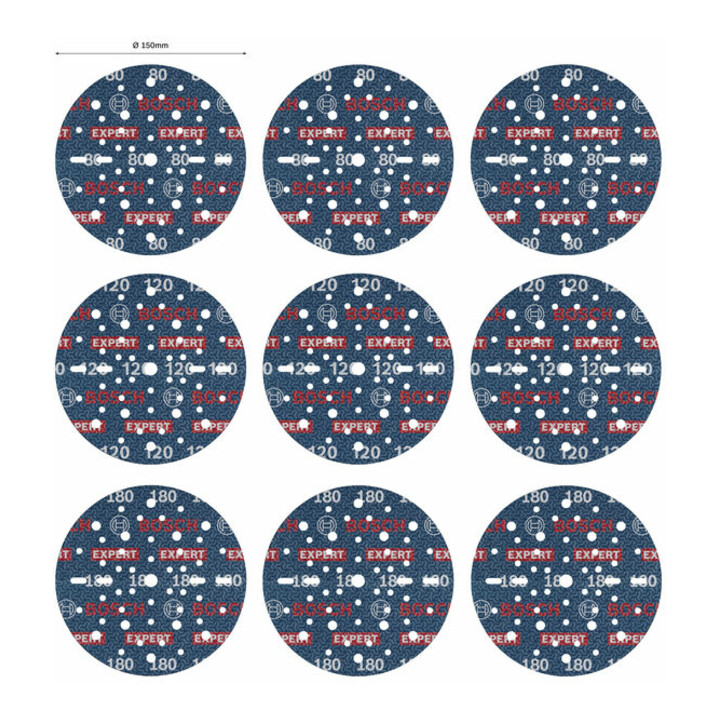 Bosch EXPERT O780 Set de feuilles abrasives, 150 mm, G80/G120/G180, 9 pcs