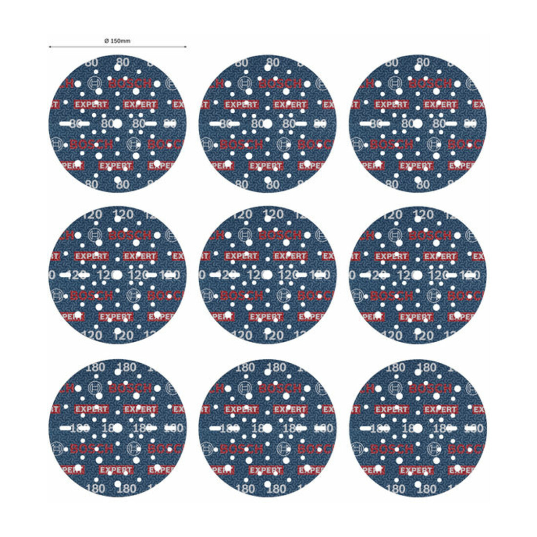 Bosch EXPERT O780 Set de feuilles abrasives, 150 mm, G80/G120/G180, 9 pcs