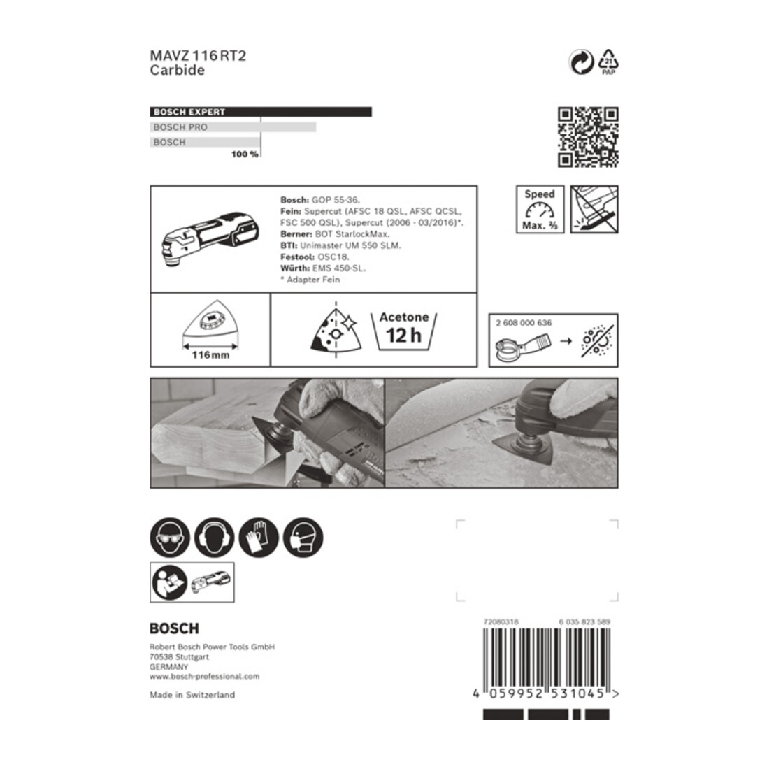 Bosch Expert Plaque de ponçage MAVZ 116 RT2 Lame pour outils multifonctions, 116 mm
